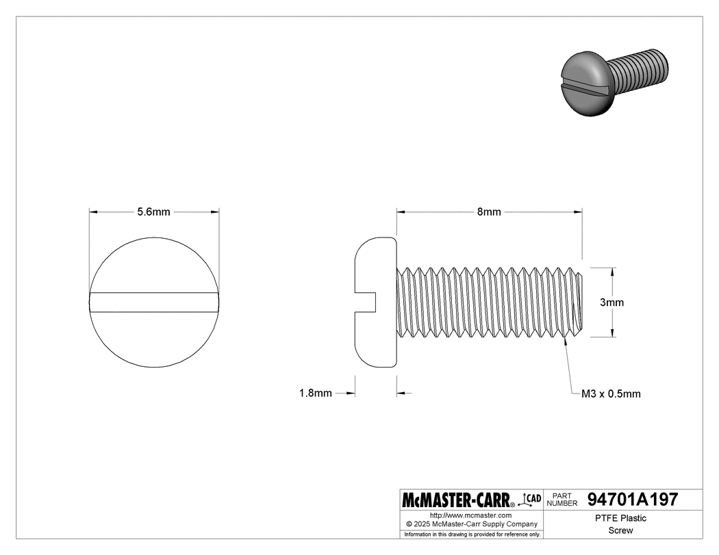 Technical Drawing of Chemical-Resistant High-Temperature PTFE Plastic Screw, Pan Head Slotted, M3 x 0.5 mm Thread Size, 8 mm Long.